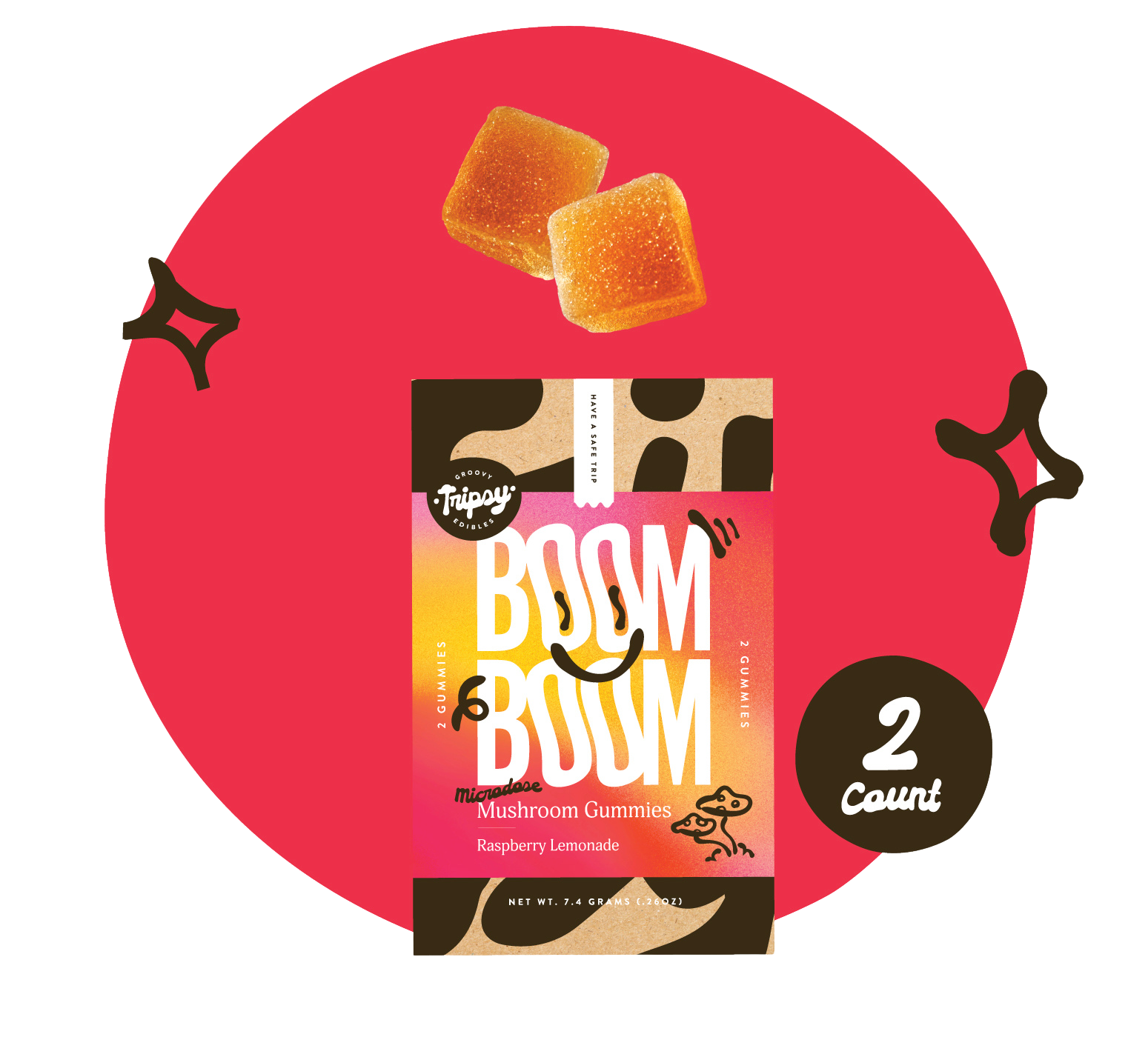 BOOM BOOM mushroom gummies pouch (Tripsy Edibles) in raspberry lemonade flavor with two gummies shown above, on a red background with spark accents and a “2 count” badge.