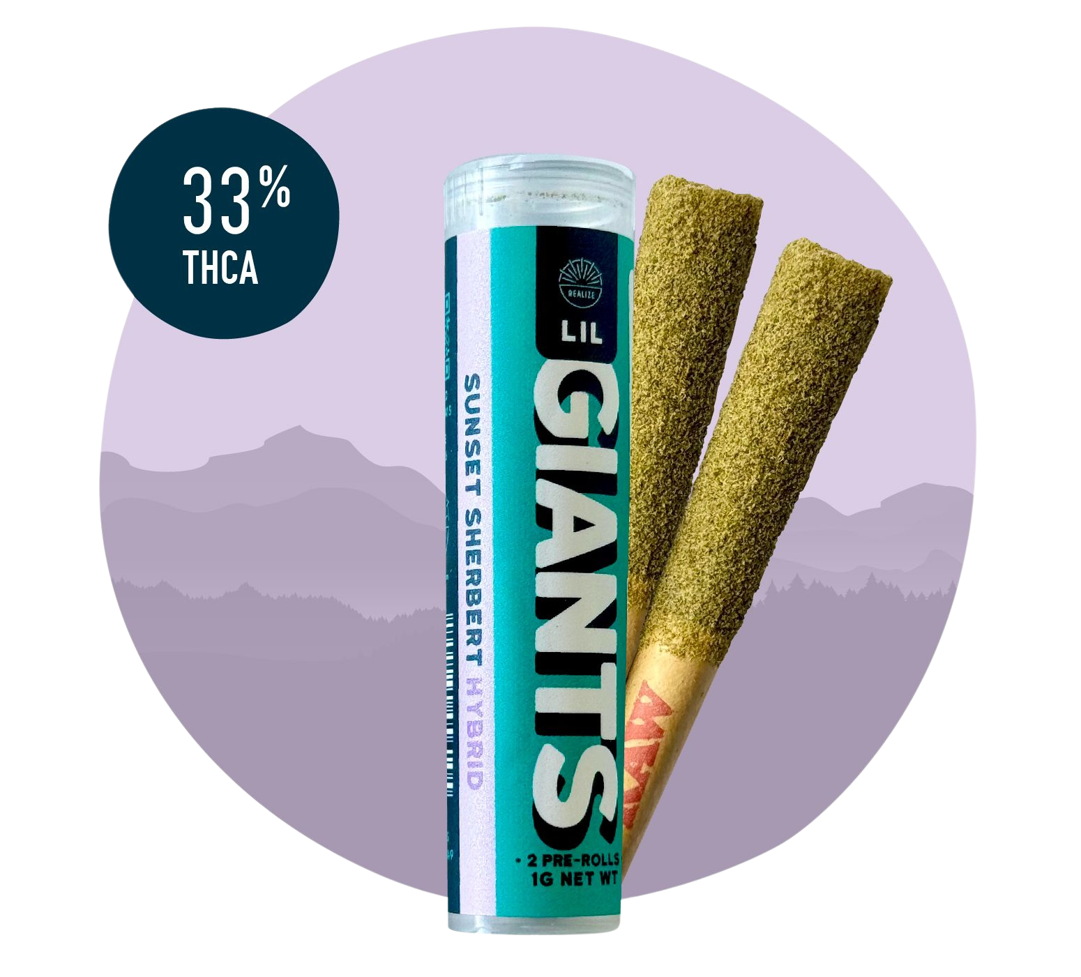 Realize Lil Giants Sunset Sherbert hybrid THCA pre-rolls with tube packaging and two infused hemp joints