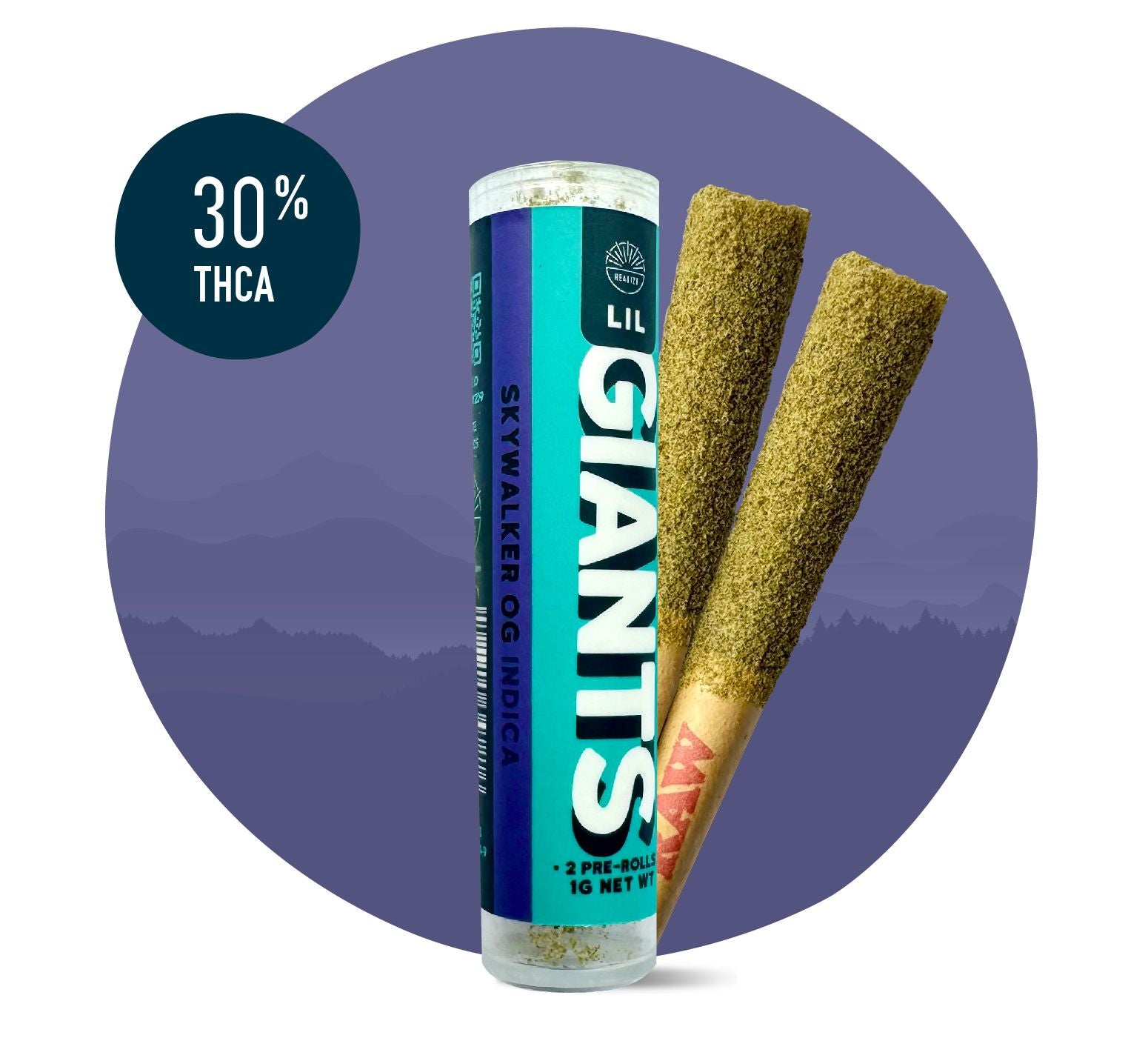 Realize Lil Giants Skywalker OG indica 30% THCA pre-rolls with tube packaging and two infused hemp joints