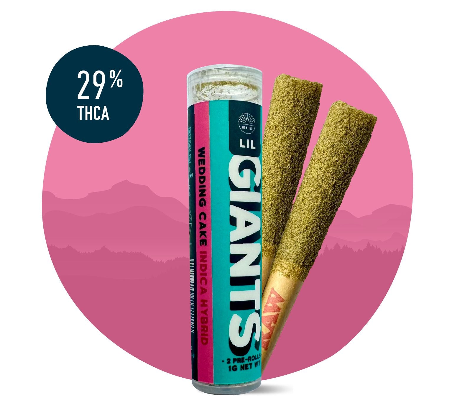 Realize Lil Giants Wedding Cake indica hybrid 29% THCA pre-rolls with tube packaging and two infused hemp joints