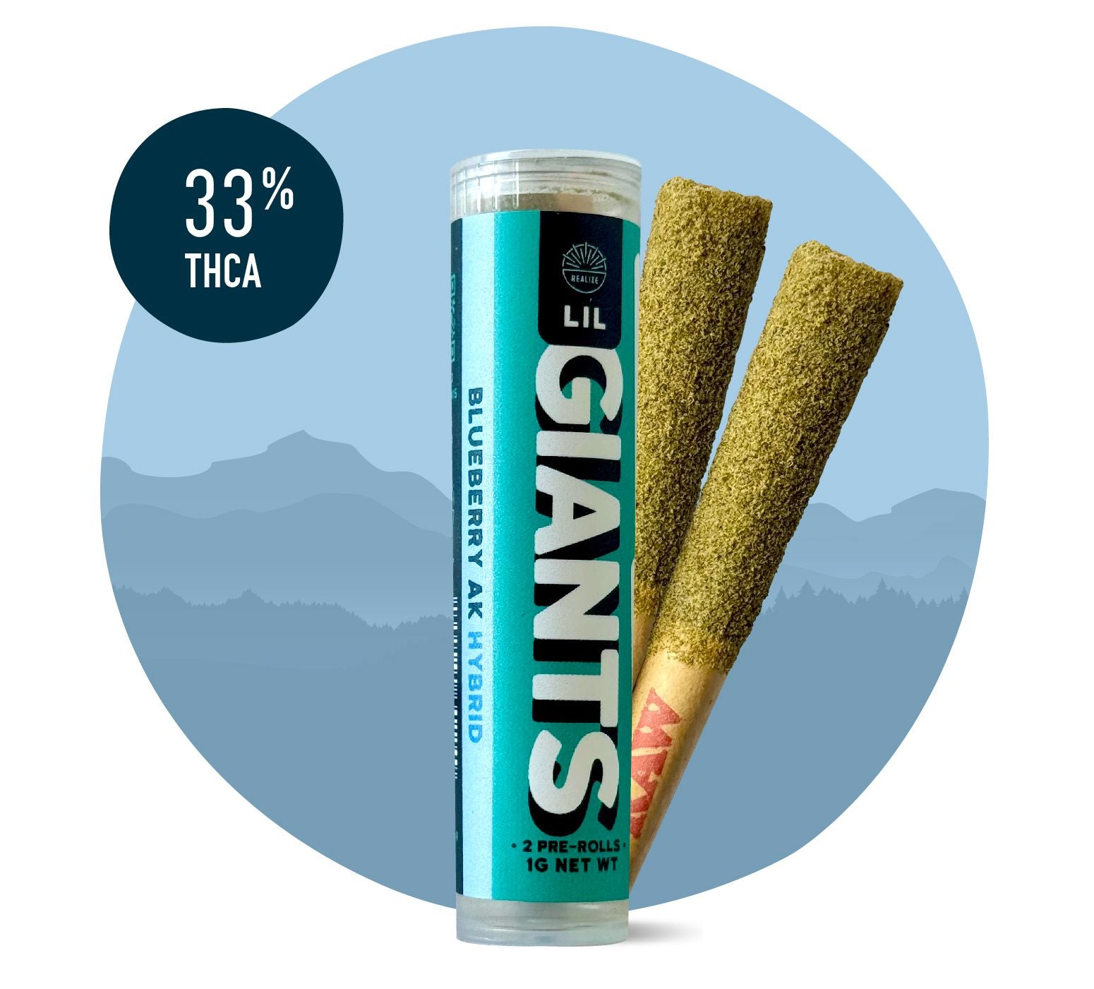 Realize Lil Giants Blueberry AK hybrid THCA pre-rolls with 33% THCA in tube packaging