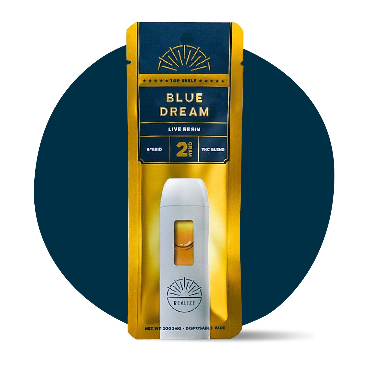 Top Shelf Realize Blue Dream live resin disposable vape 2 gram THC blend hybrid in gold retail packaging
