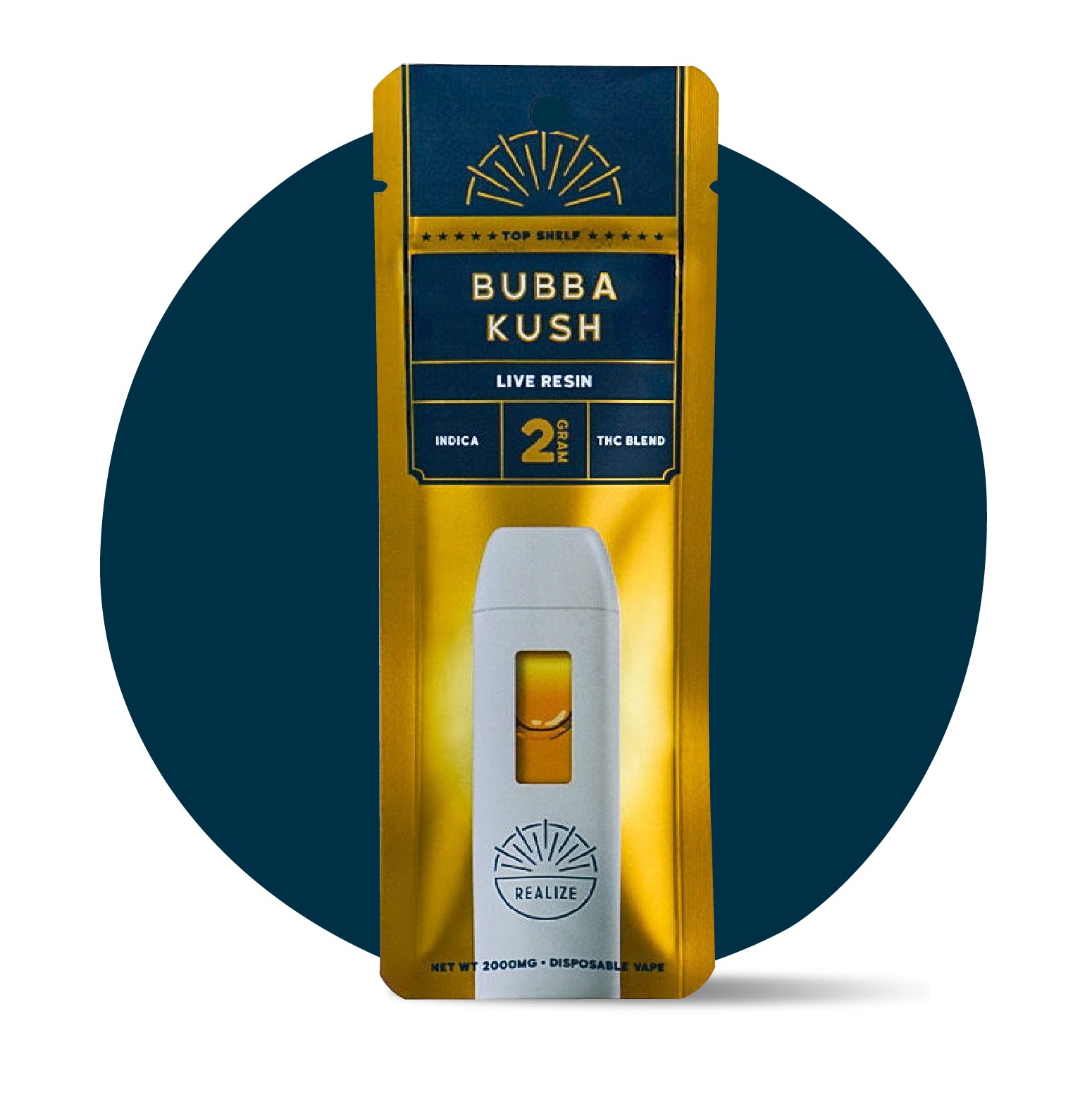 Realize Top Shelf Bubba Kush live resin disposable vape 2 gram THC blend indica in gold retail packaging