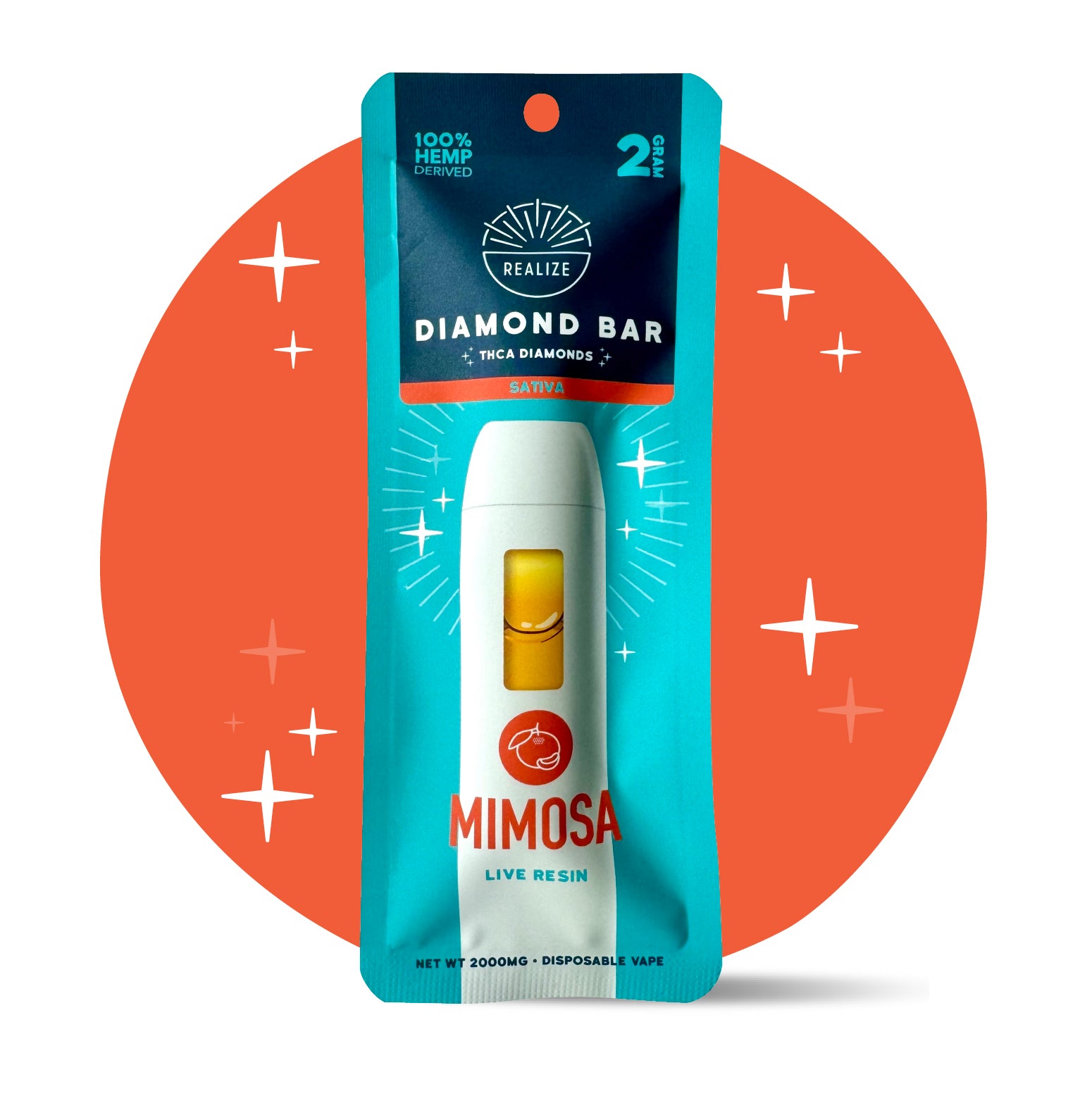 Realize Diamond Bar Mimosa sativa live resin disposable vape with THCA diamonds 2 gram hemp-derived vape packaging