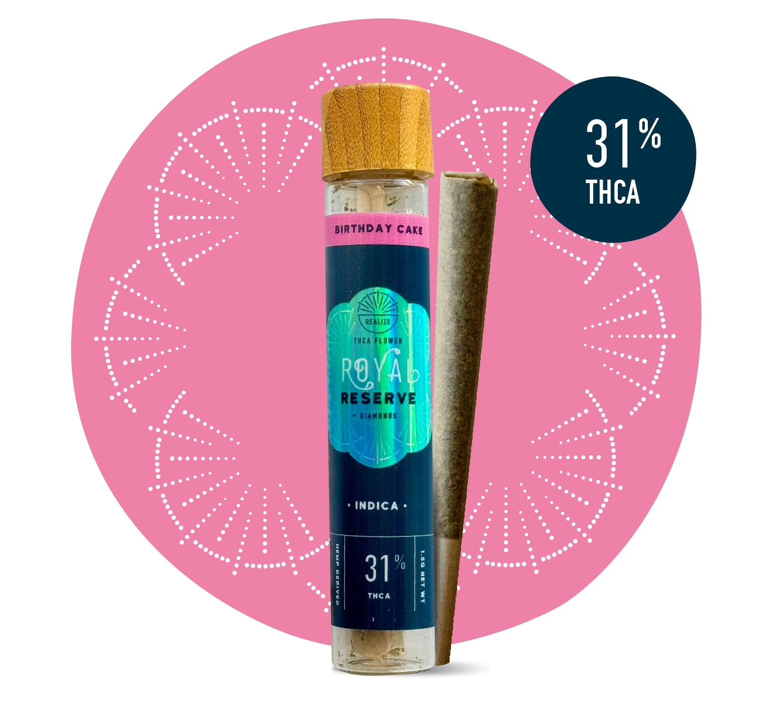 Realize Royal Reserve Birthday Cake indica THCA flower pre-roll with 31% THCA in glass tube with wooden cap