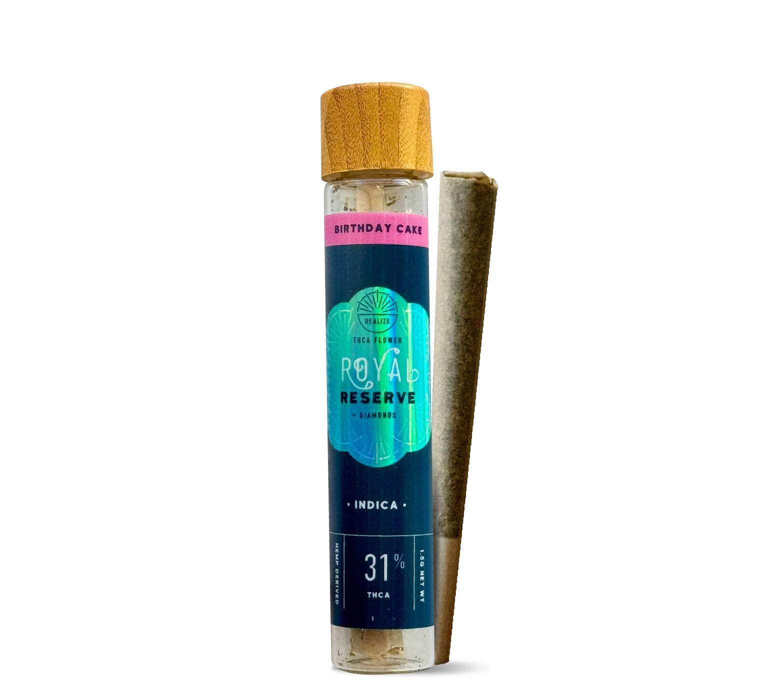 Realize Royal Reserve Birthday Cake indica THCA flower pre-roll with 31% THCA in glass tube with wooden cap