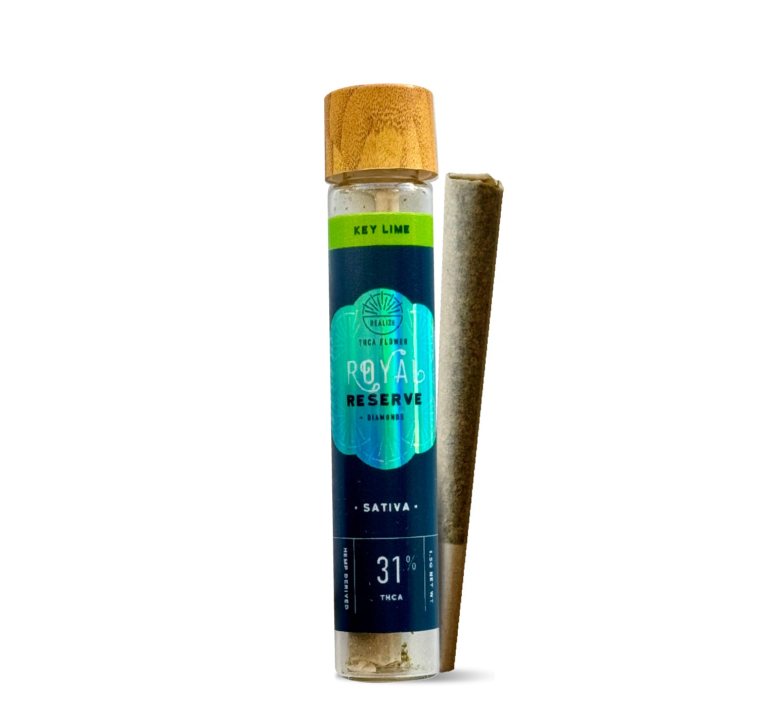 Realize Royal Reserve Key Lime sativa THCA flower pre-roll with 31% THCA in glass tube with wooden cap