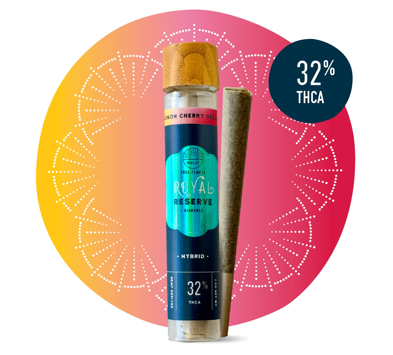 Realize Royal Reserve Lemon Cherry Gelato hybrid THCA flower pre-roll with 32% THCA in glass tube with wooden cap