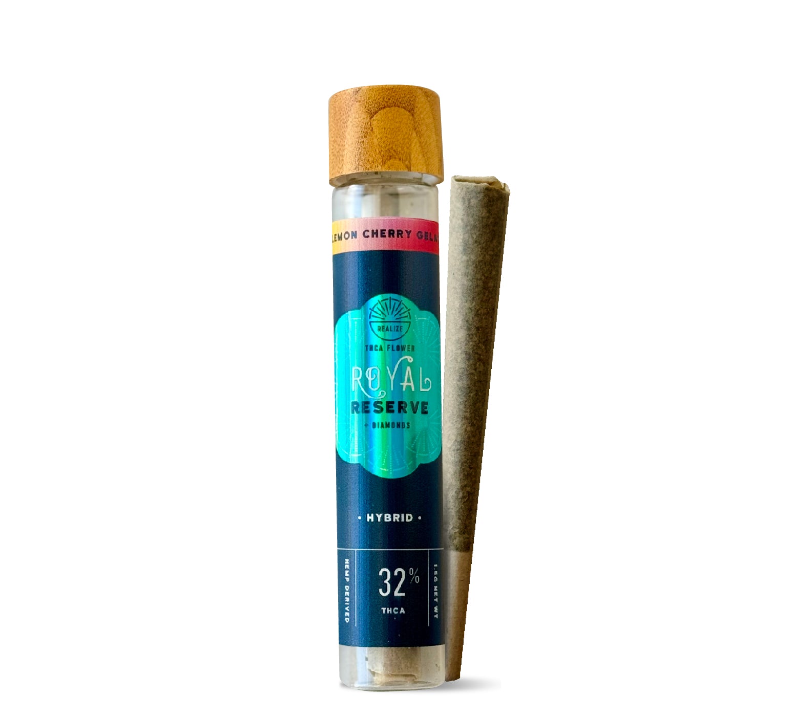 Realize Royal Reserve Lemon Cherry Gelato hybrid THCA flower pre-roll with 32% THCA in glass tube with wooden cap