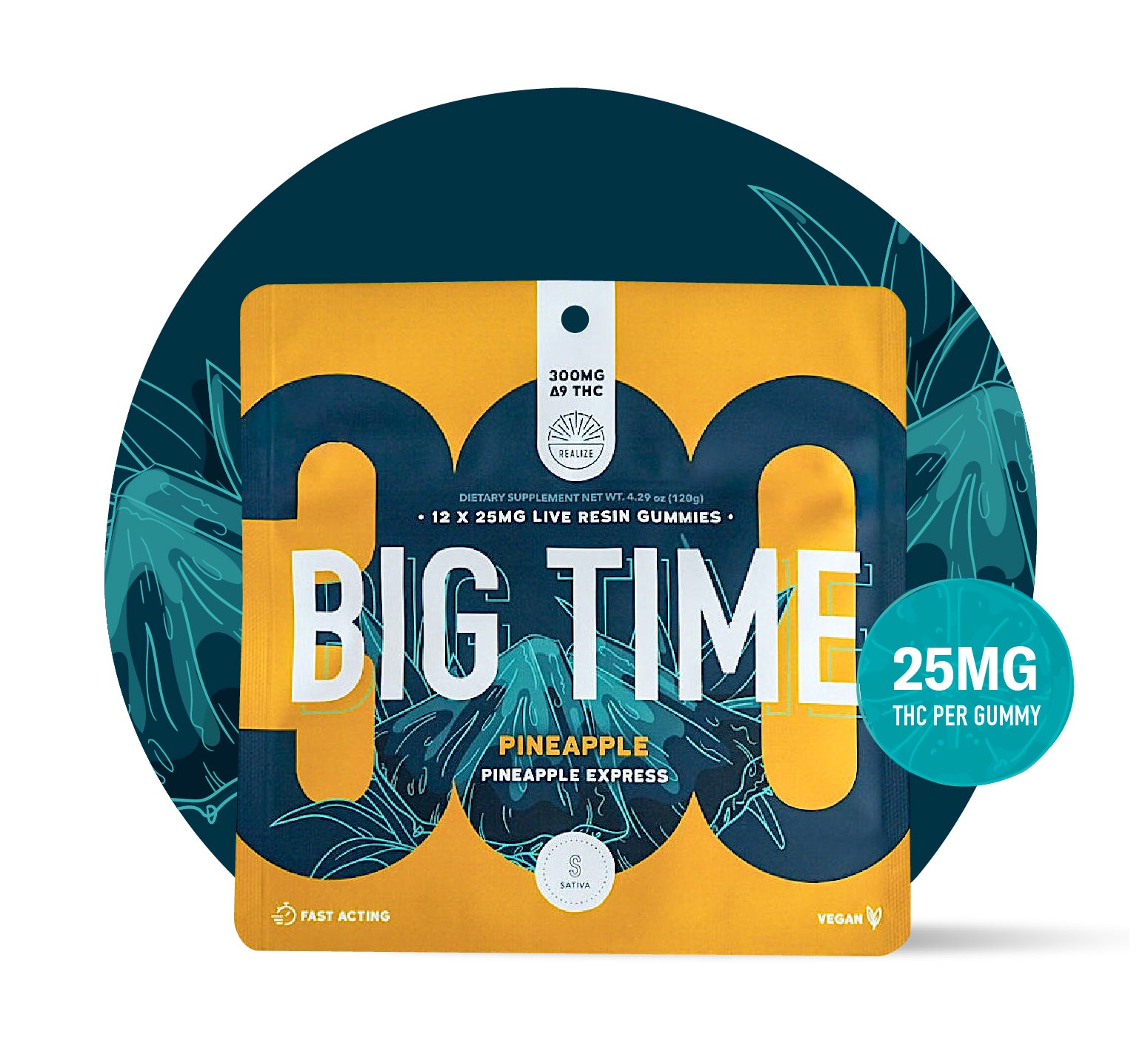 Realize BIG TIME pineapple express sativa live resin gummies 300mg Delta-9 THC pouch with 25mg THC per gummy