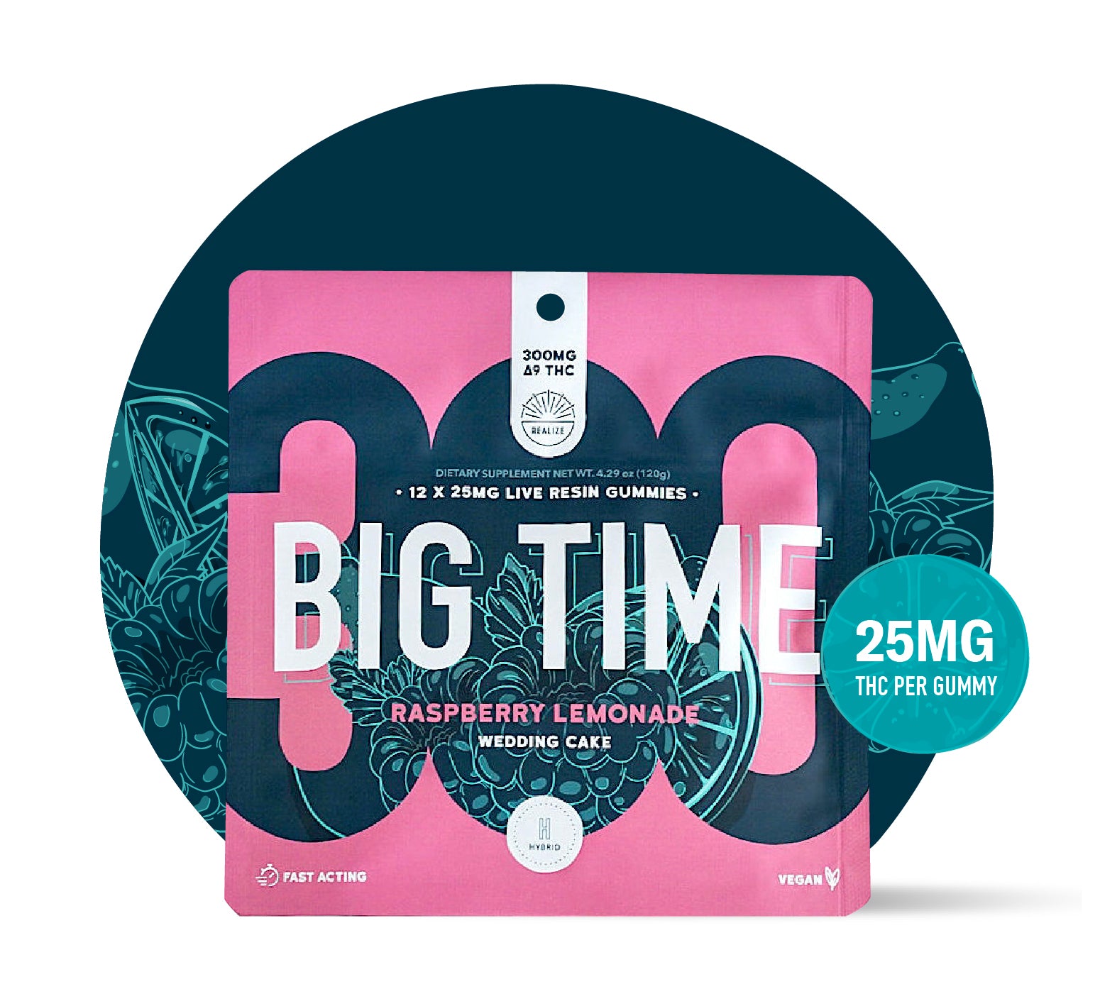 Realize BIG TIME raspberry lemonade wedding cake hybrid live resin gummies 300mg Delta-9 THC pouch with 25mg THC per gummy