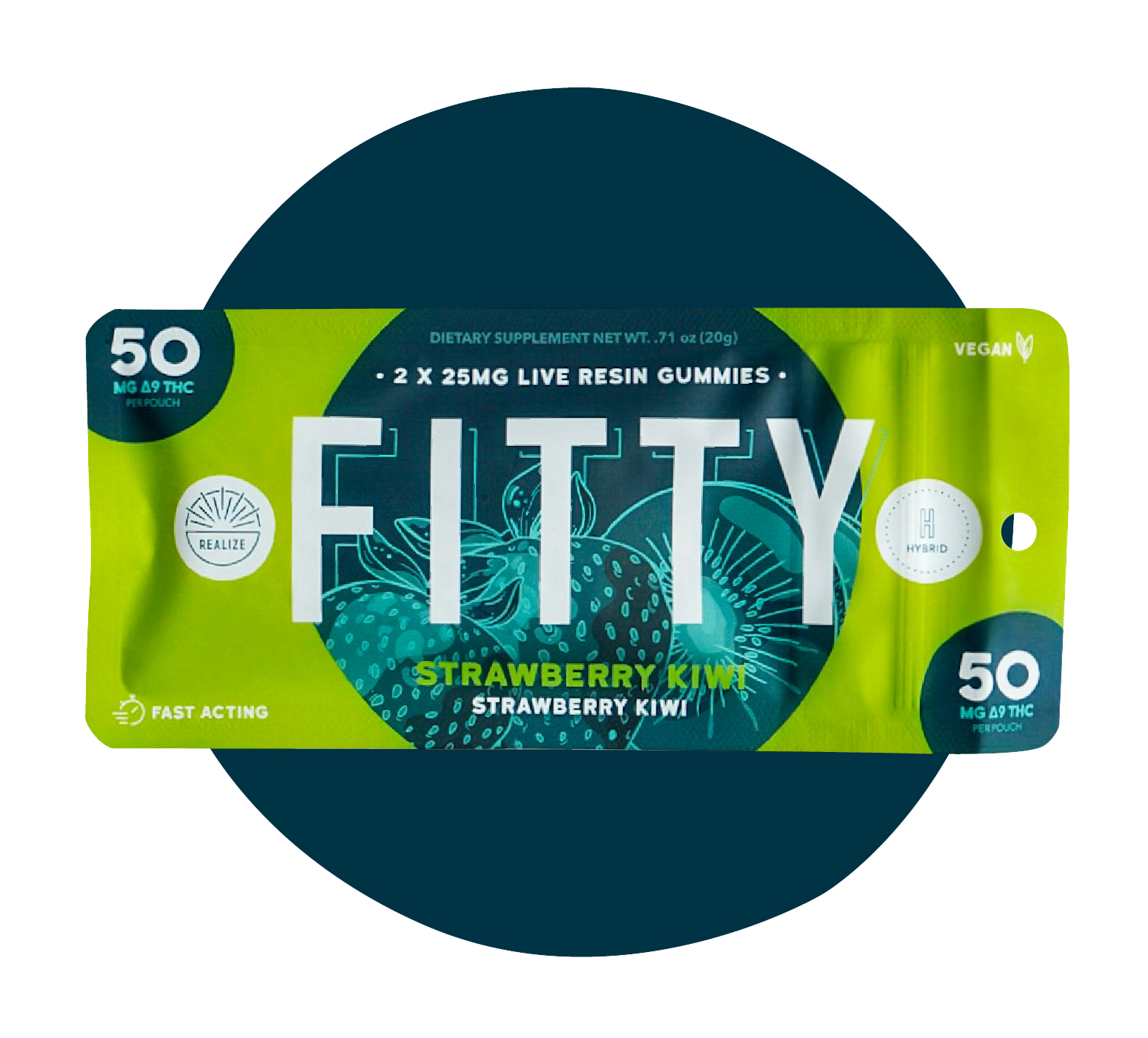 Realize FITTY strawberry kiwi live resin gummies hybrid with 50mg Delta-9 THC per pouch