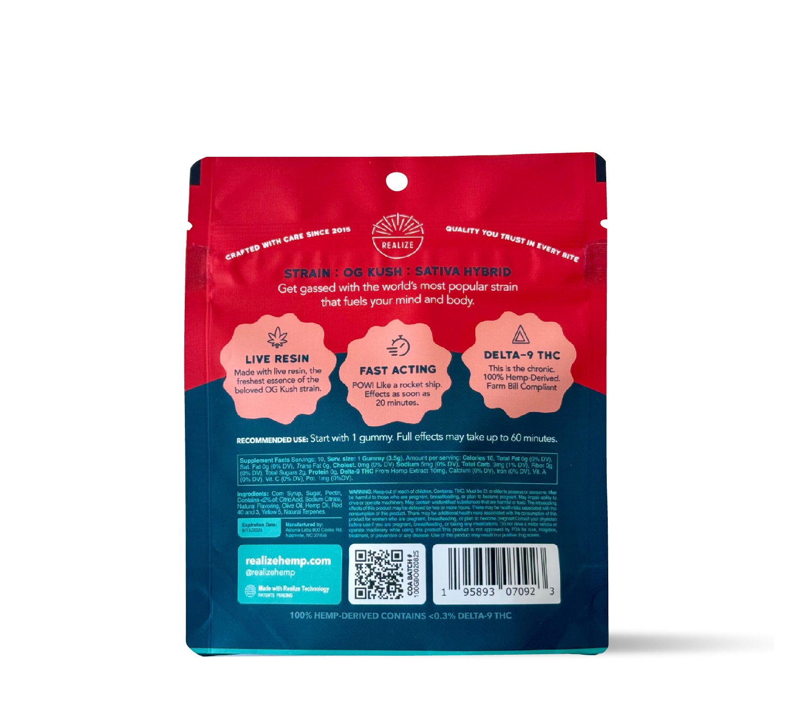 Back of Realize Blood Orange OG Kush live resin gummies packaging showing strain details, usage instructions, ingredients, nutrition facts, QR code, and barcode on red and blue pouch