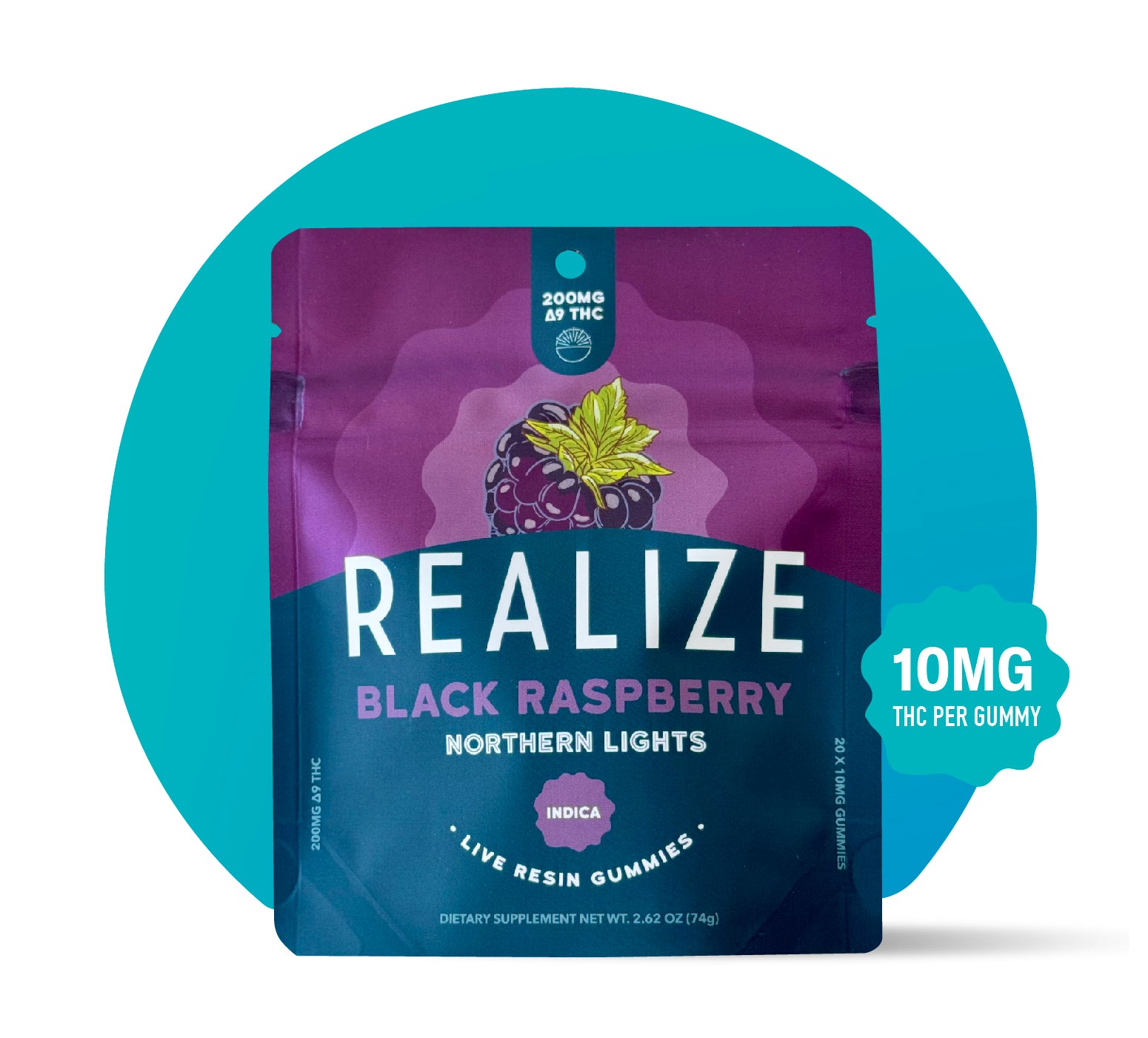 Realize Black Raspberry Northern Lights live resin gummies indica packaging with 10mg THC per gummy and 200mg Delta-9 THC total