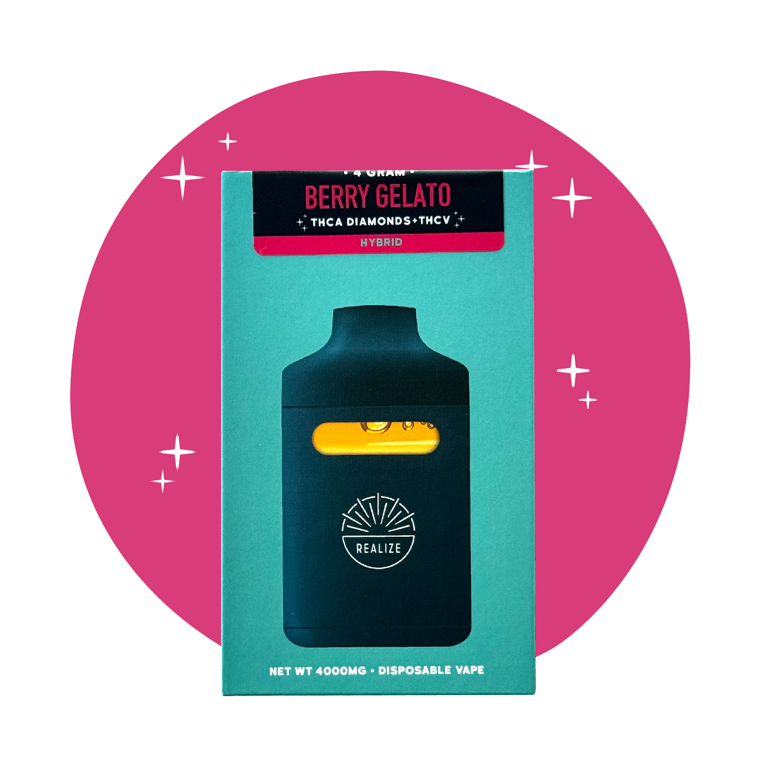 Realize Berry Gelato disposable vape packaging front, hybrid strain with THCA diamonds and THCV, 4 gram disposable vape with device illustration