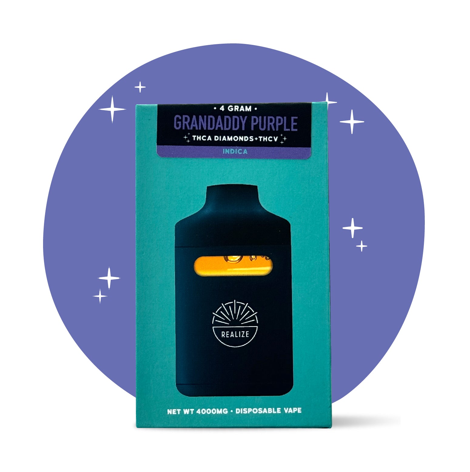 Realize Granddaddy Purple disposable vape packaging front, indica strain with THCA diamonds and THCV, 4 gram disposable vape with device illustration