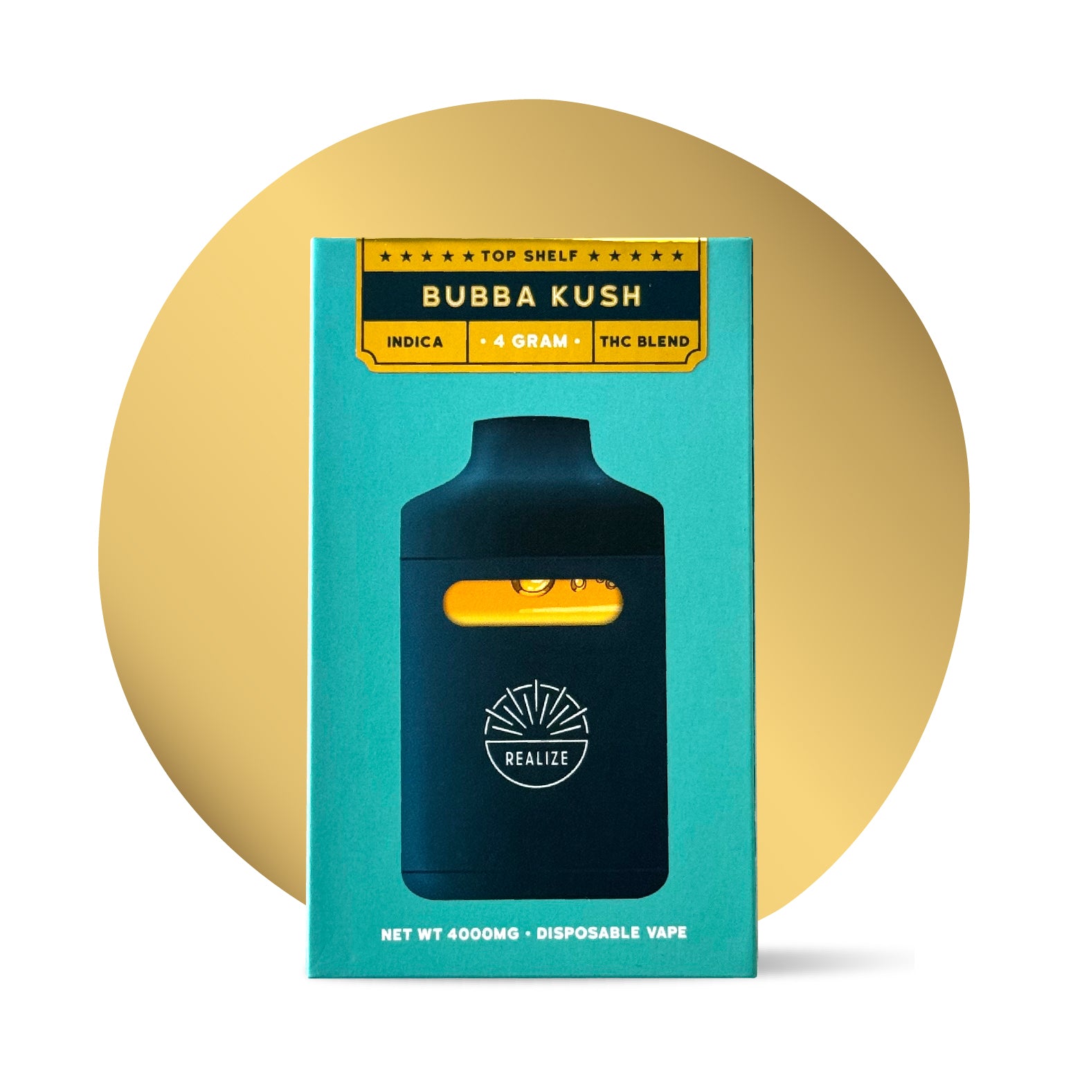 Realize Bubba Kush Top Shelf 4 gram disposable vape, indica THC blend packaging with device displayed on the front