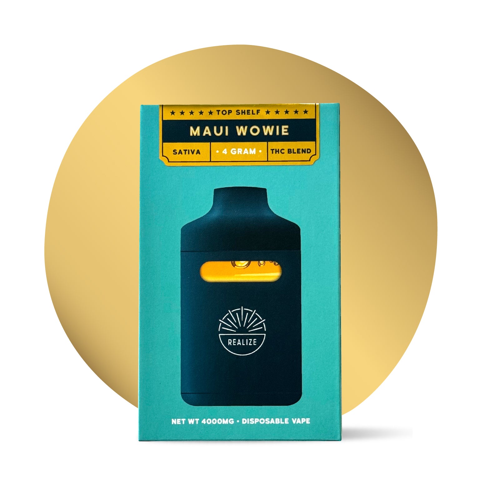 Realize Maui Wowie disposable vape packaging front, labeled Top Shelf Sativa THC blend, 4 gram vape with device illustration