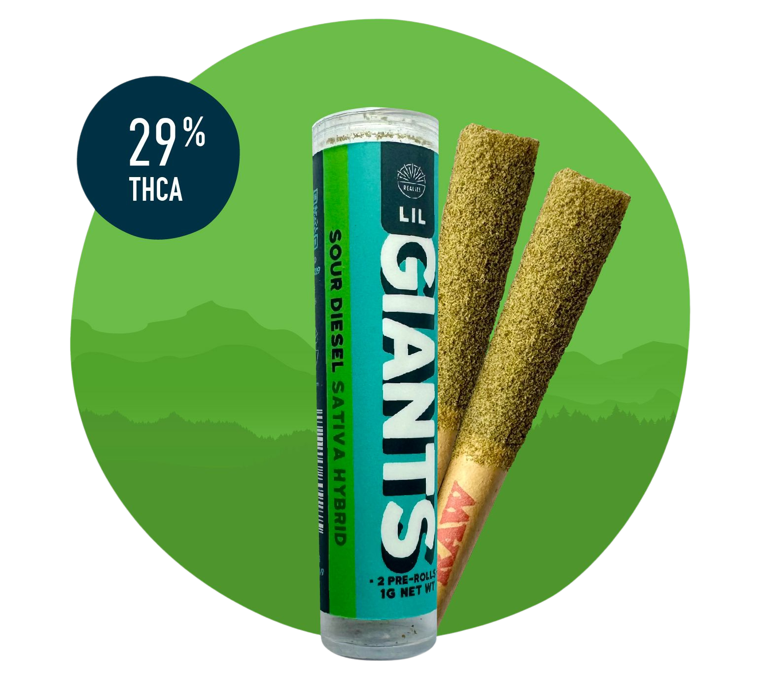 Realize Lil Giants Sour Diesel sativa hybrid 29% THCA pre-rolls with tube packaging and two infused hemp joints