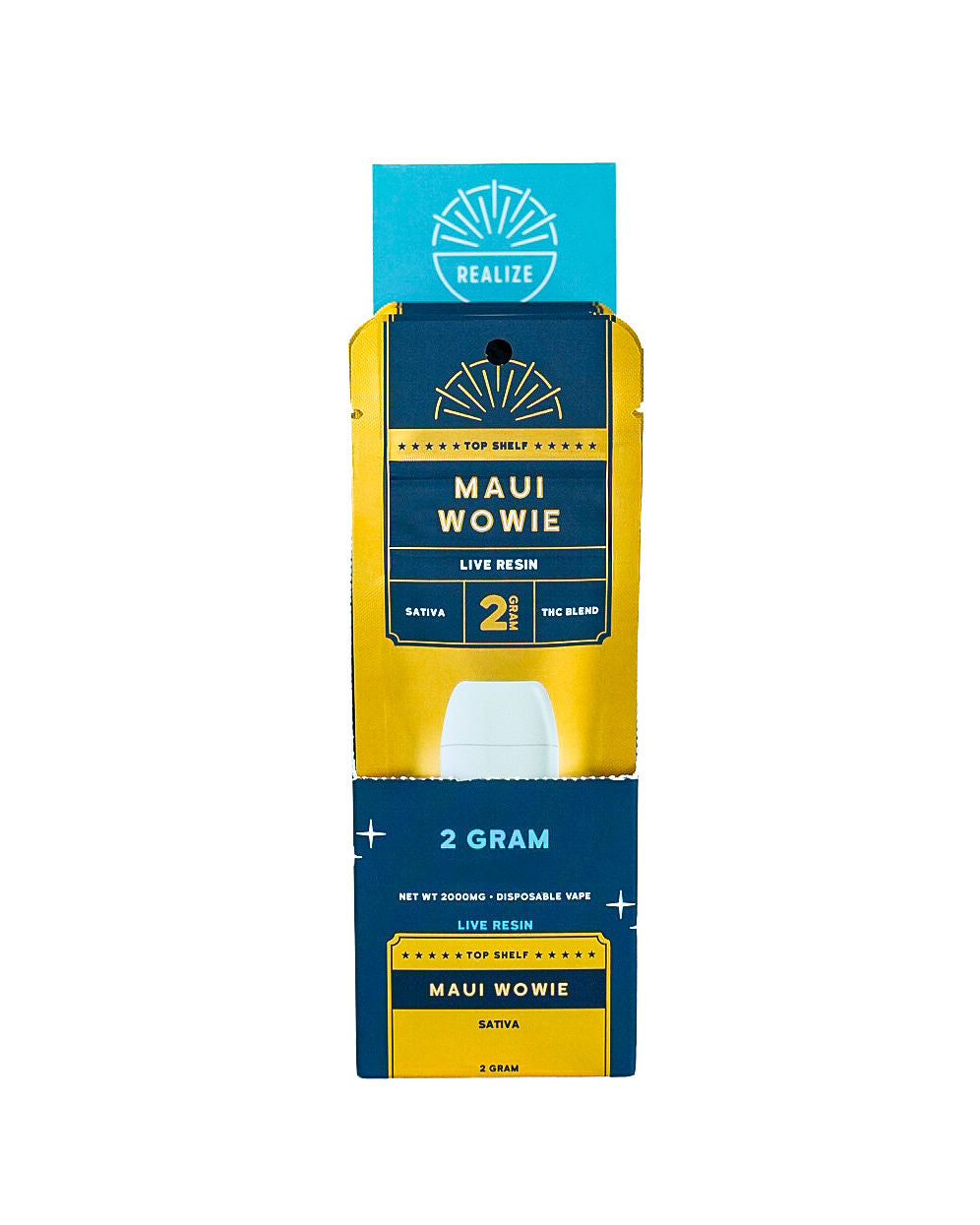 Realize Top Shelf Maui Wowie 2 gram disposable vape retail display featuring gold and navy packaging with live resin THC blend branding.