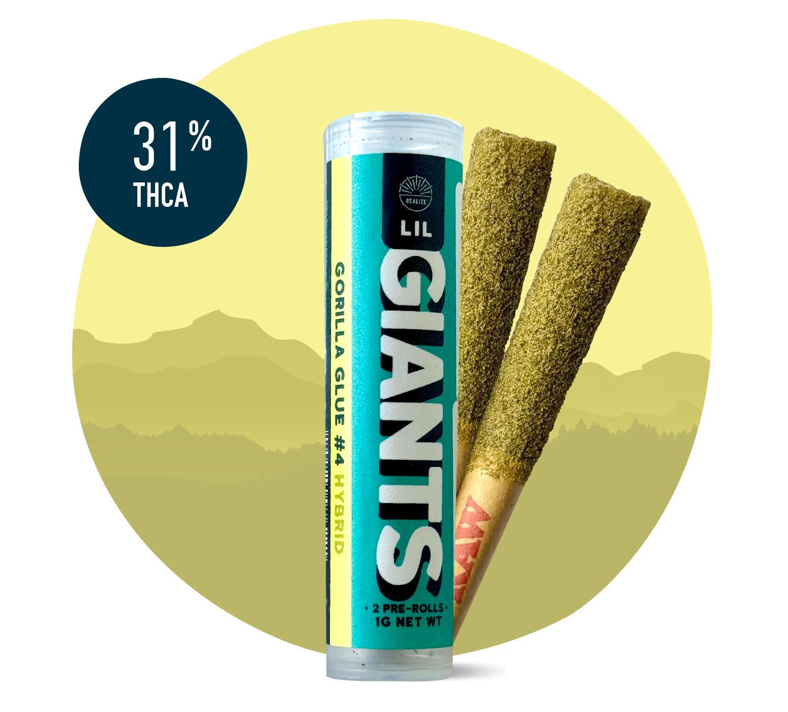 Realize Lil Giants Gorilla Glue #4 hybrid 31% THCA pre-rolls with tube packaging and two infused hemp joints