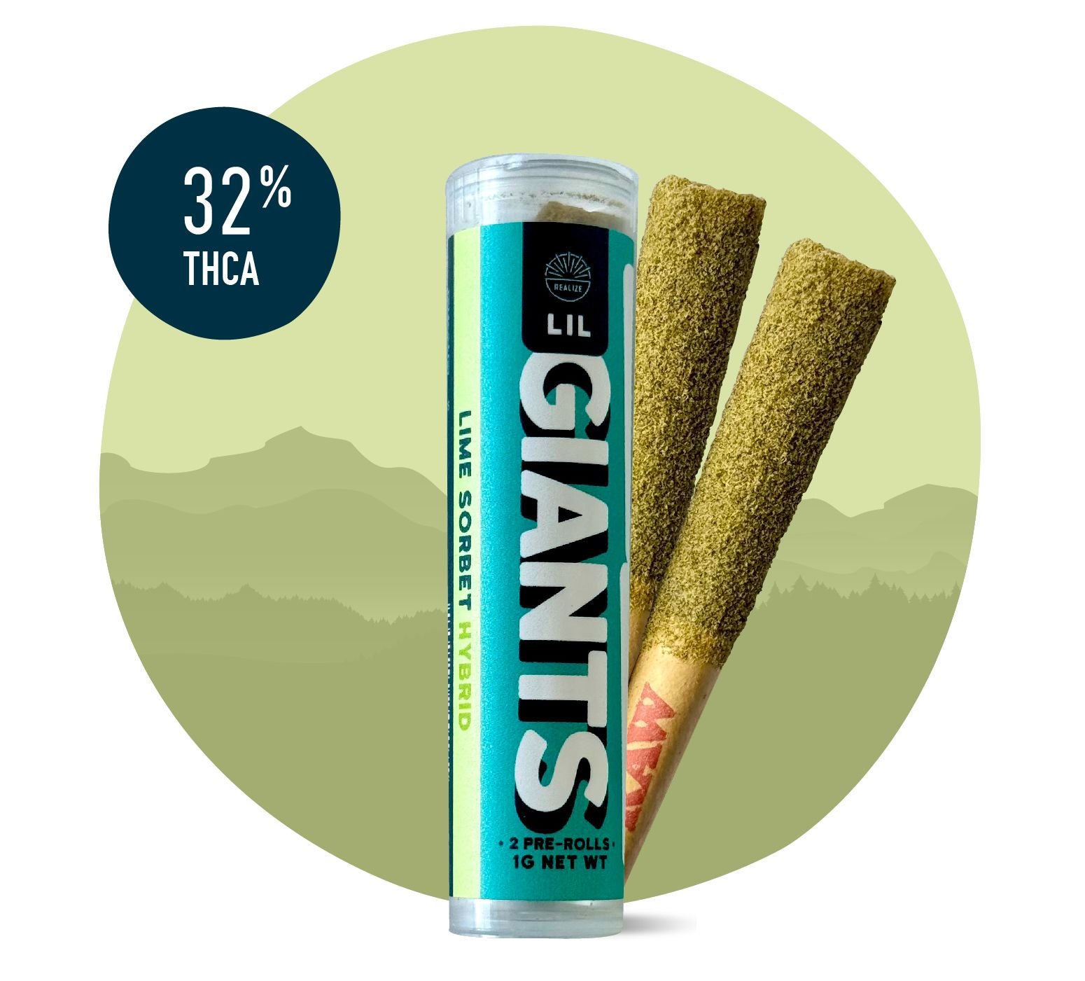 Realize Lil Giants Lime Sorbet hybrid 32 percent THCA pre-rolls with tube packaging and two infused hemp joints