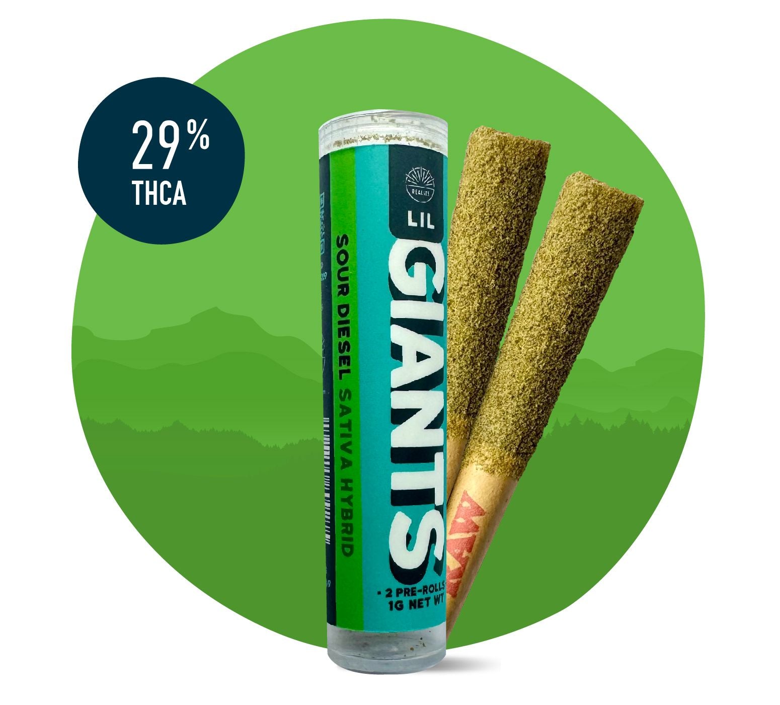 Realize Lil Giants Sour Diesel sativa hybrid 29% THCA pre-rolls with tube packaging and two infused hemp joints