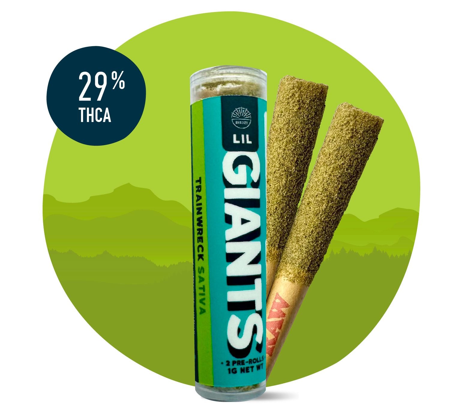 Realize Lil Giants Trainwreck sativa 29% THCA pre-rolls with tube packaging and two infused hemp joints