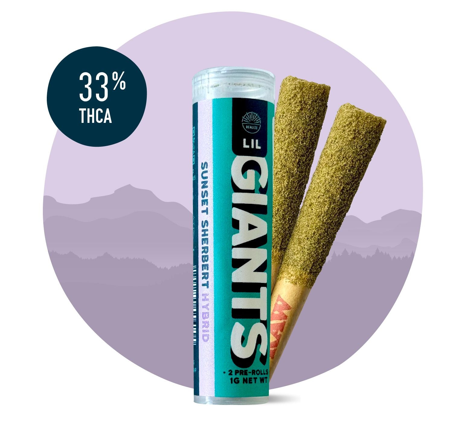 Realize Lil Giants Sunset Sherbert hybrid THCA pre-rolls with tube packaging and two infused hemp joints