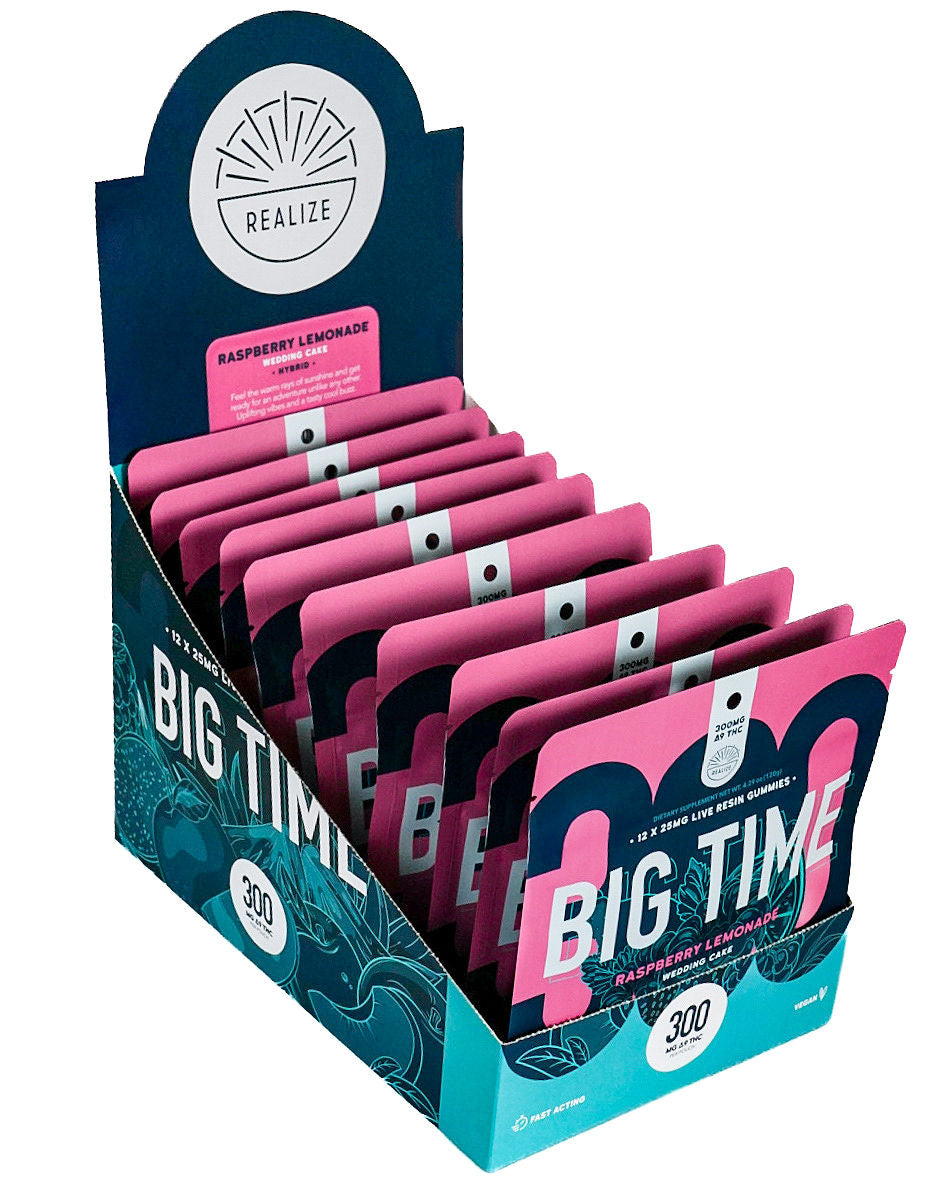 Realize BIG TIME raspberry lemonade wedding cake hybrid live resin gummies 300mg Delta-9 THC wholesale display box with multiple pouches