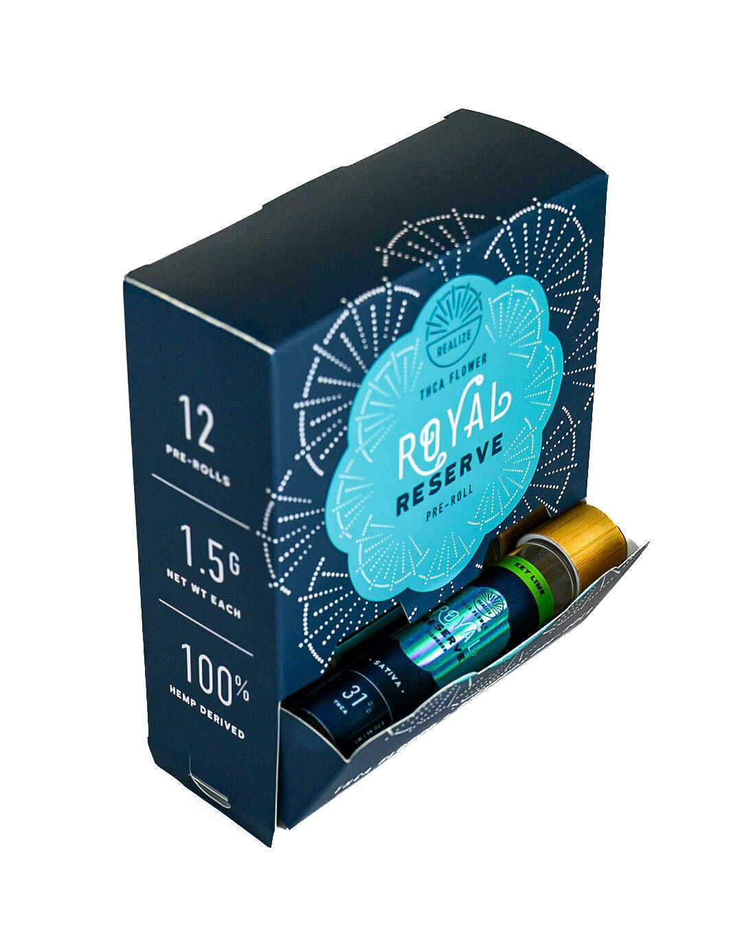 REALIZE Royal Reserve wholesale display box with 12 THCA flower + diamonds pre-rolls, partially open to show branded pre-roll tube inside