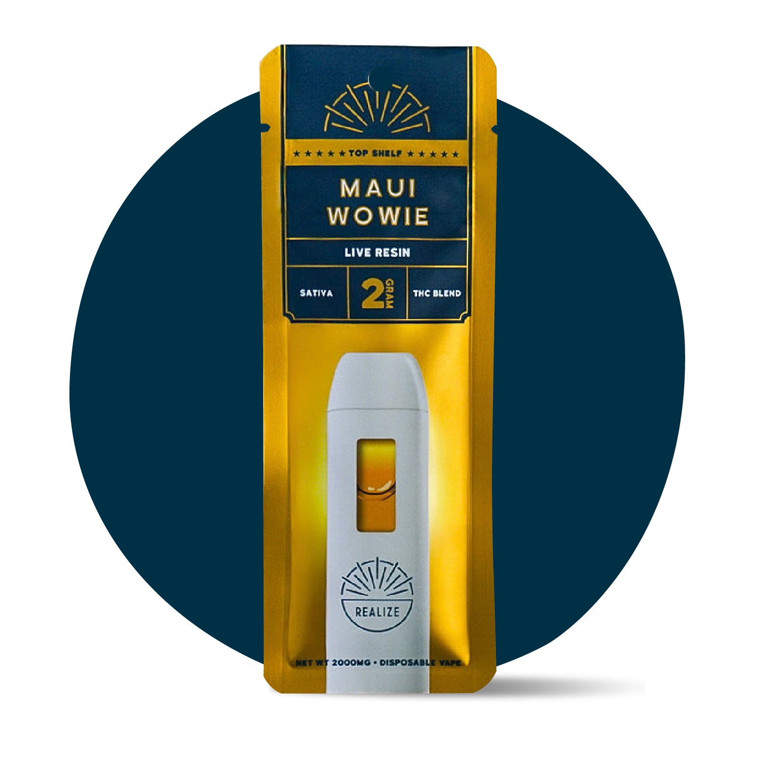 Realize Maui Wowie live resin disposable vape 2 gram THC blend sativa in gold retail packaging