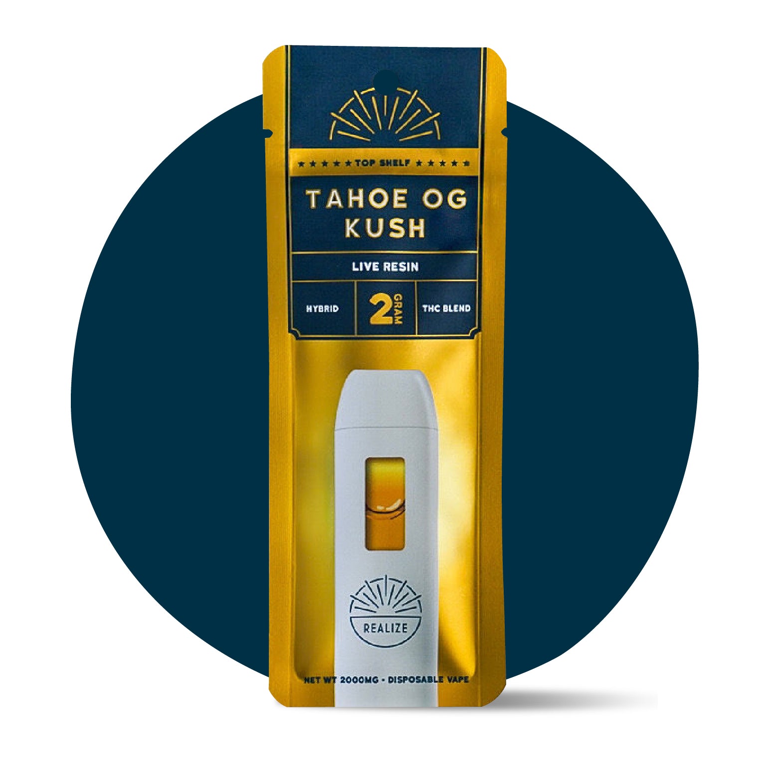 Realize Top Shelf Tahoe OG Kush live resin disposable vape 2 gram THC blend hybrid top shelf product in gold retail packaging