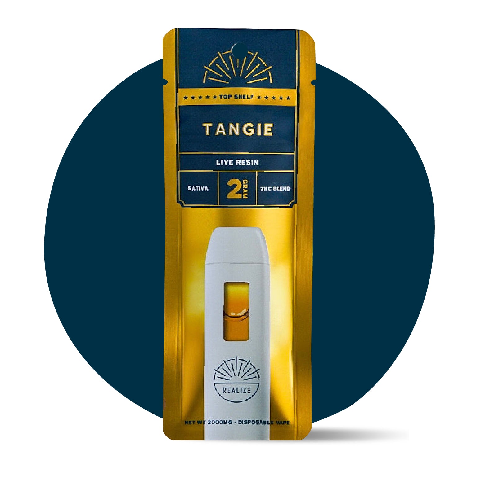 Realize Top Shelf Tangie live resin disposable vape 2 gram THC blend sativa top shelf product in gold retail packaging