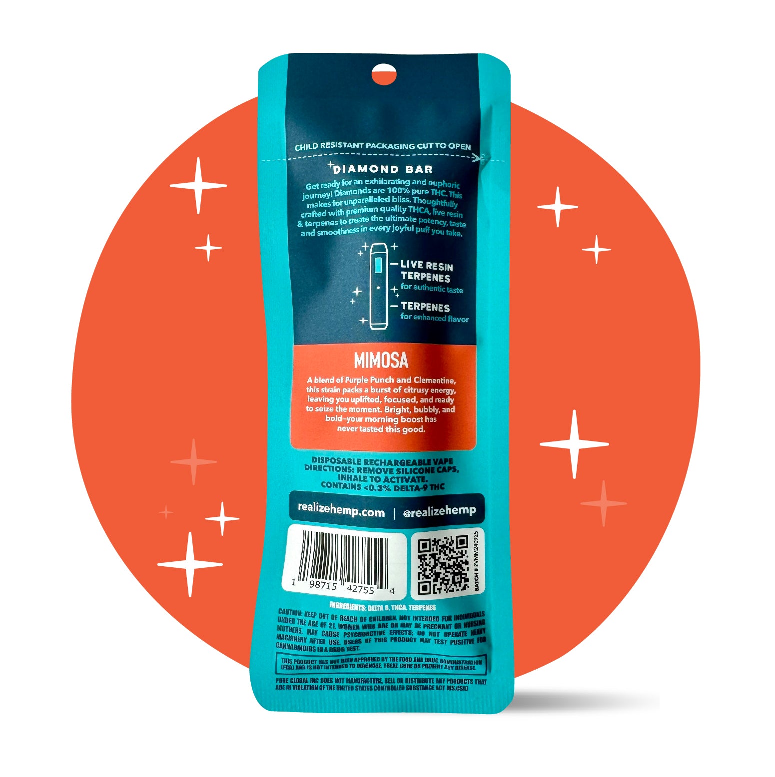 Back of Realize Diamond Bar Mimosa live resin disposable vape packaging with product details and barcode