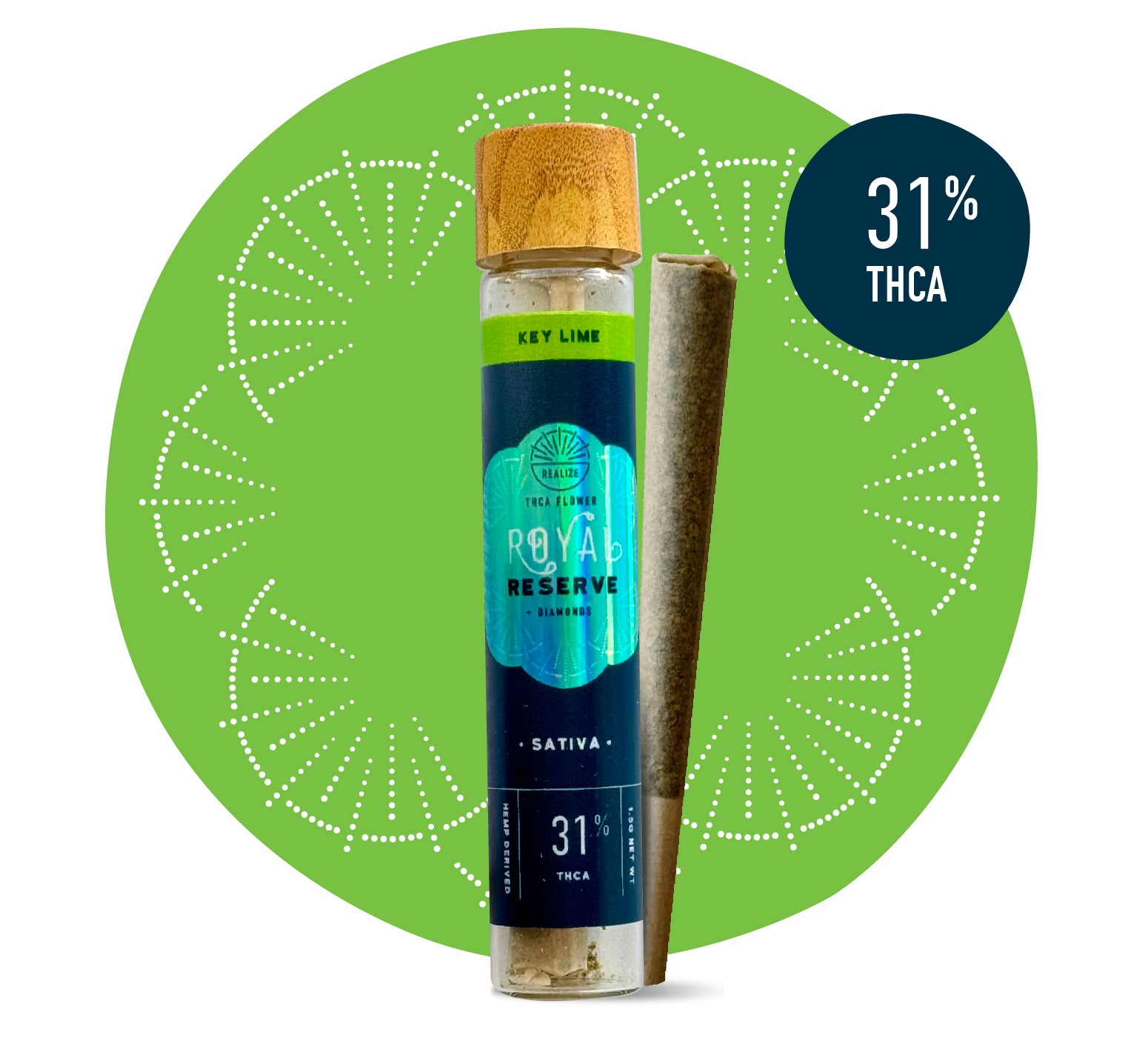 Realize Royal Reserve Key Lime sativa THCA flower pre-roll with 31% THCA in glass tube with wooden cap