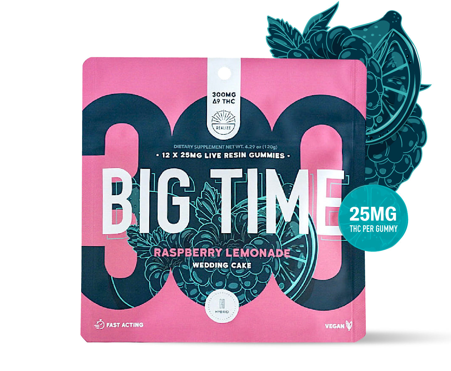 Realize BIG TIME raspberry lemonade wedding cake hybrid live resin gummies 300mg Delta-9 THC pouch with 25mg THC per gummy