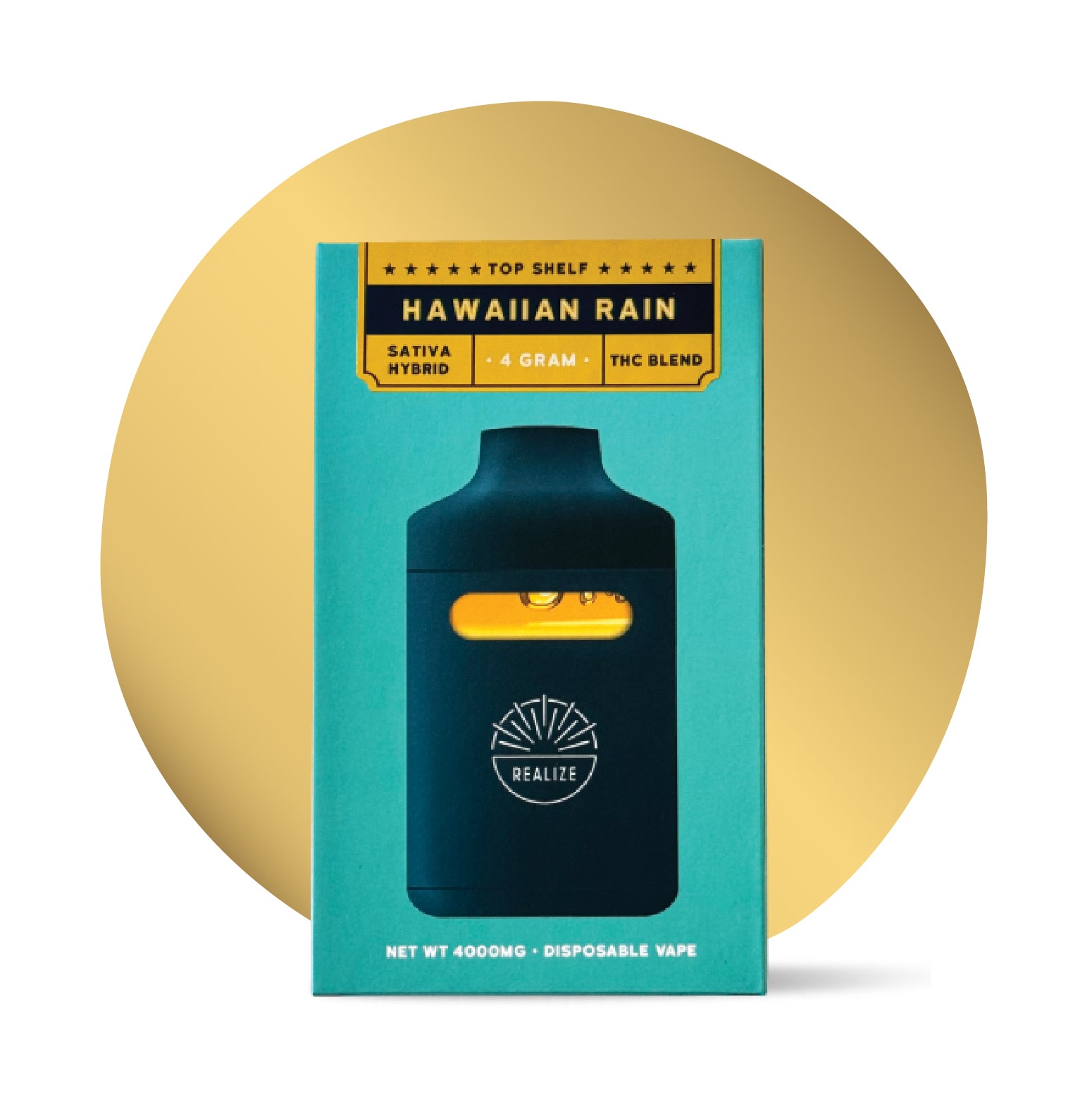 Realize Top Shelf Hawaiian Rain sativa hybrid 4 gram disposable vape THC blend hemp-derived vape packaging